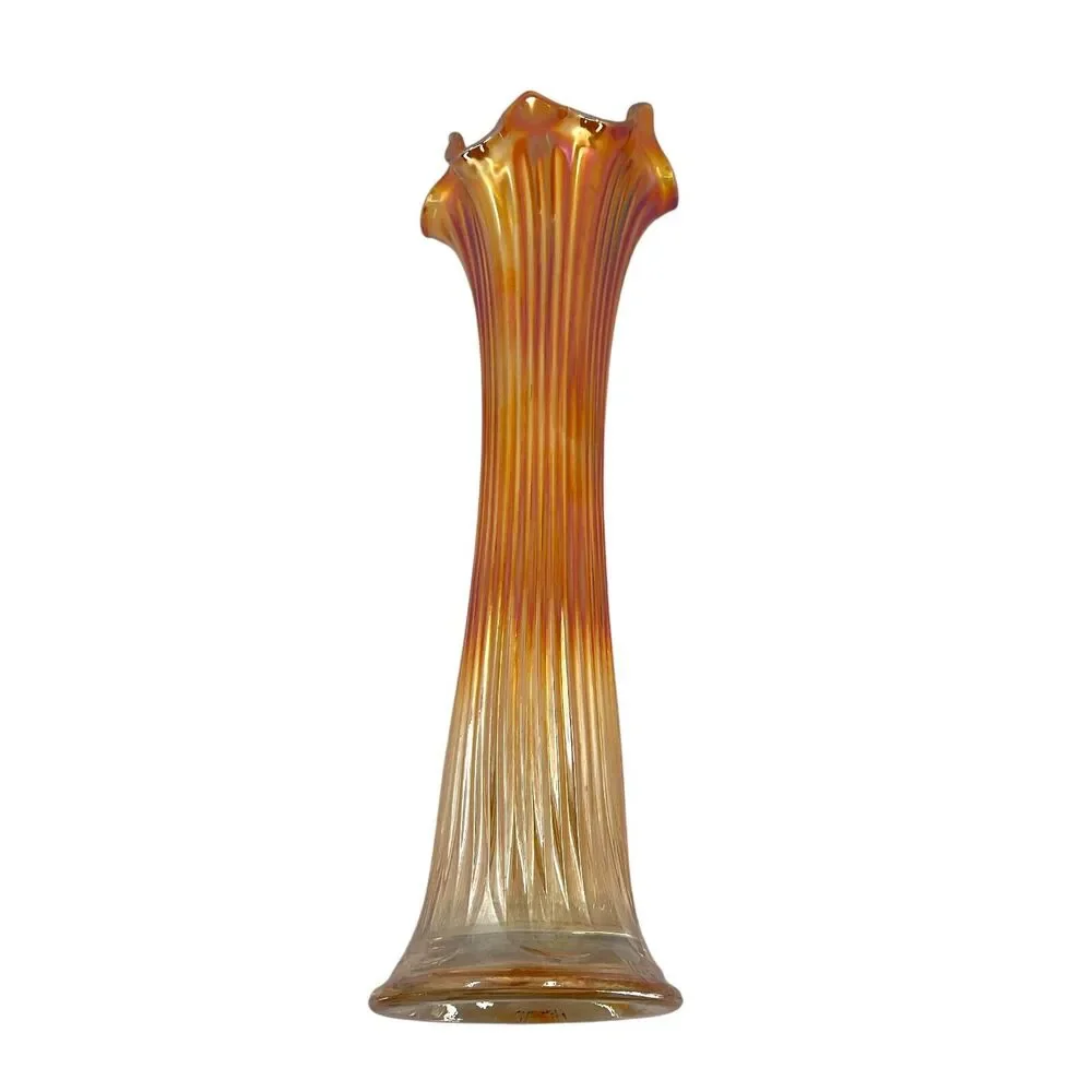 Marigold Fenton Swung Glass Vase Carnival Glass Amber Orange Ribbed Six Fingered
